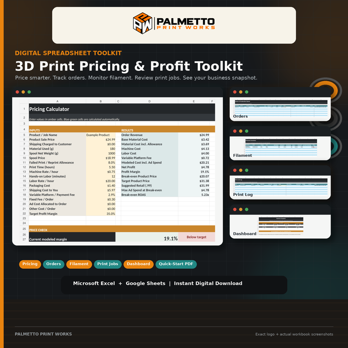 3D Print Pricing and Profit Toolkit spreadsheet for Microsoft Excel and Google Sheets, instant digital download