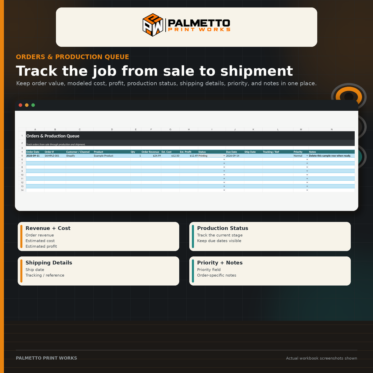Order and production queue for tracking 3D print jobs from sale to shipment
