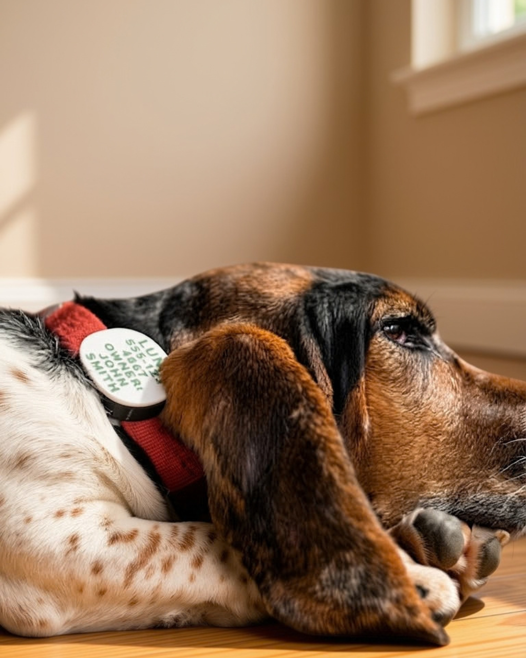 Sleeping basset hound wearing a personalized AirTag holder on a red collar