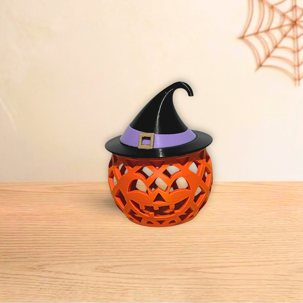 Witch Pumpkin Halloween holder with purple-banded witch hat lid