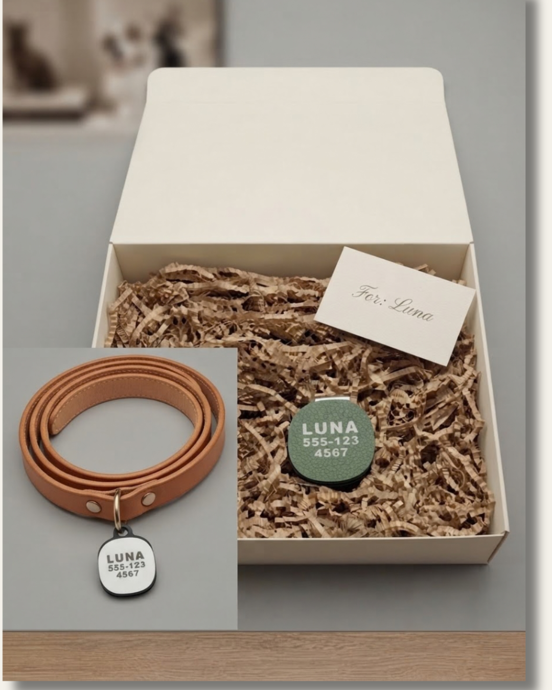 Personalized pet AirTag holder in a gift box with an orange leather collar