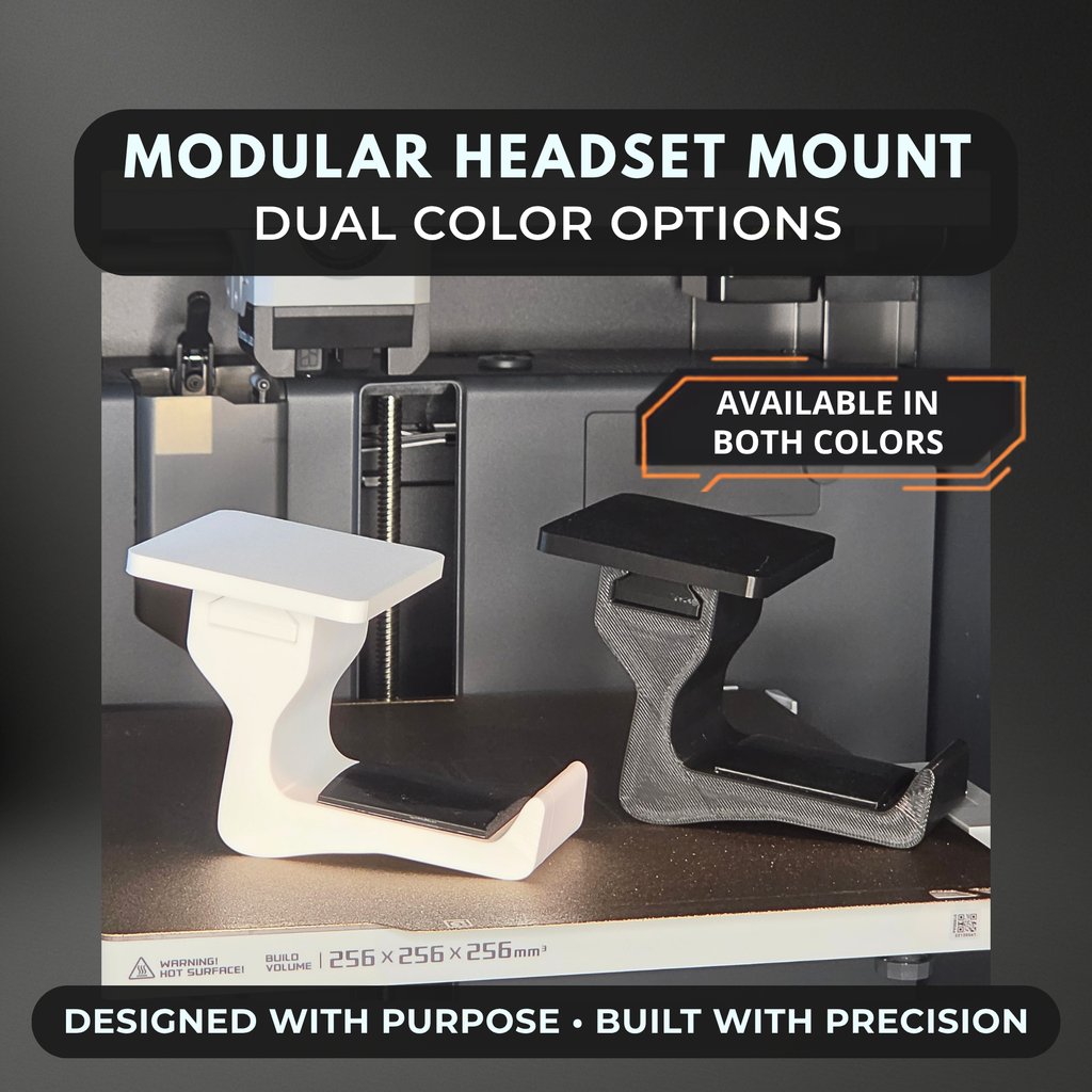 Black and white 3D printed headset caddies mounted under a desk