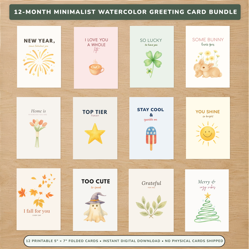 12-Month Minimalist Watercolor Greeting Card Bundle | Digital Download