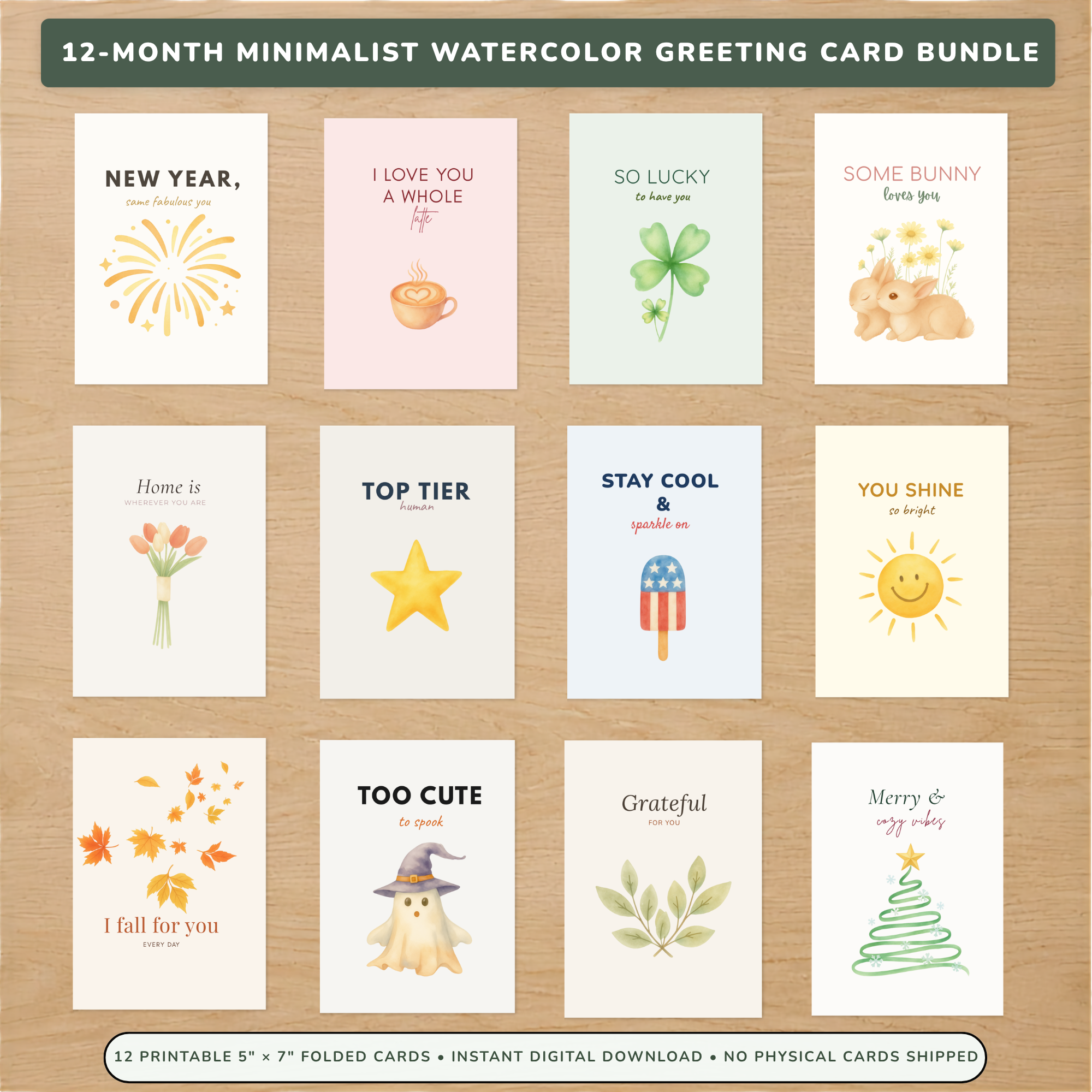 12-Month Minimalist Watercolor Greeting Card Bundle | Digital Download