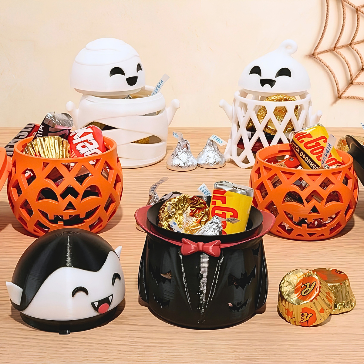 Five Halloween candy holders with lids off, filled with individually wrapped candy