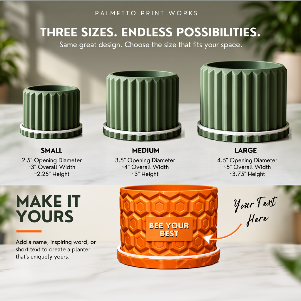 Small, medium and large olive green Ridgeline planters, plus an orange Honeycomb planter personalized with Bee Your Best