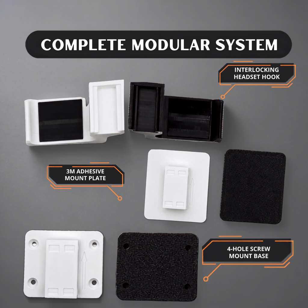 Modular headset caddy parts: interlocking headset hook, 3M adhesive mount plate and 4-hole screw mount base
