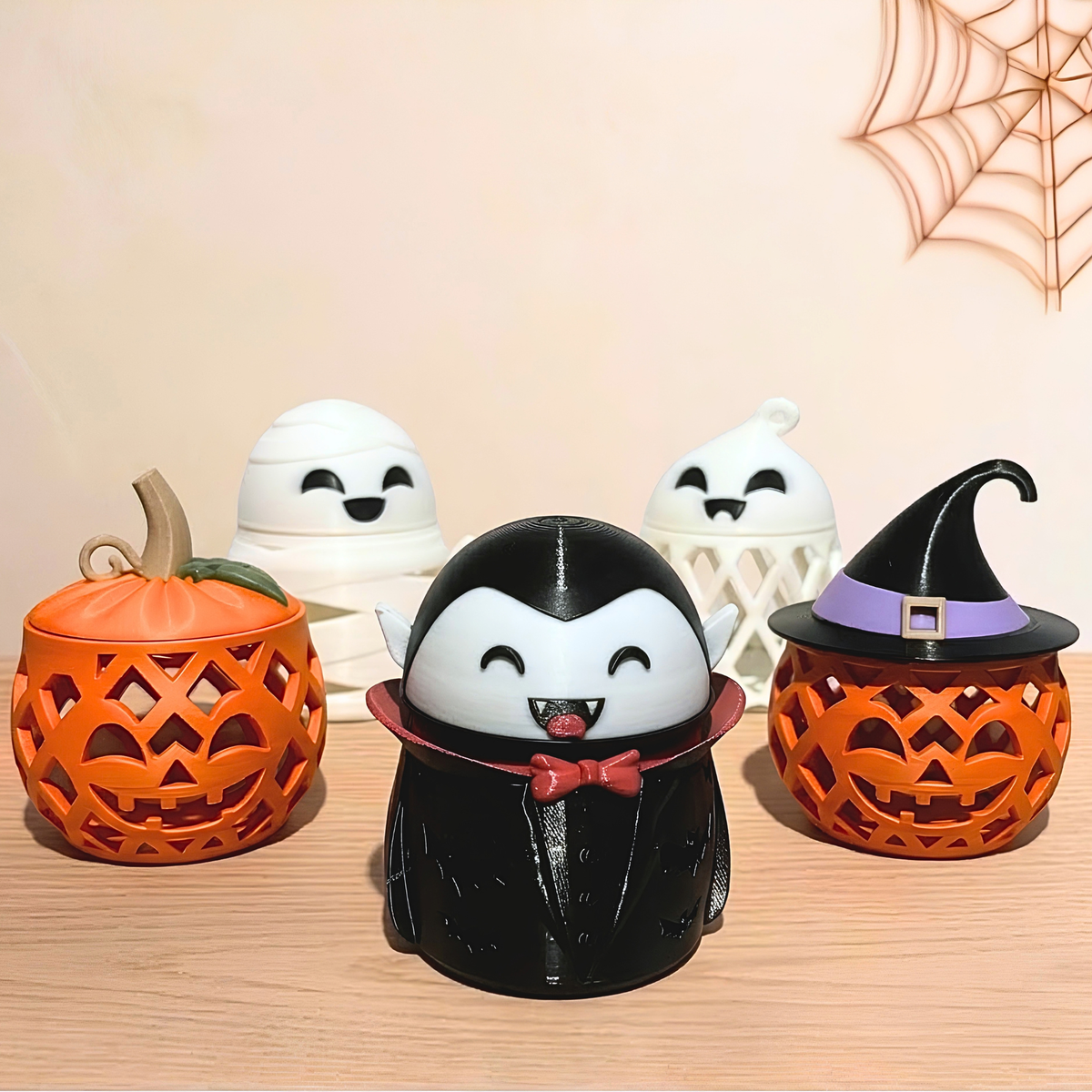 Full set of five 3D printed Halloween candy and LED tea light holders
