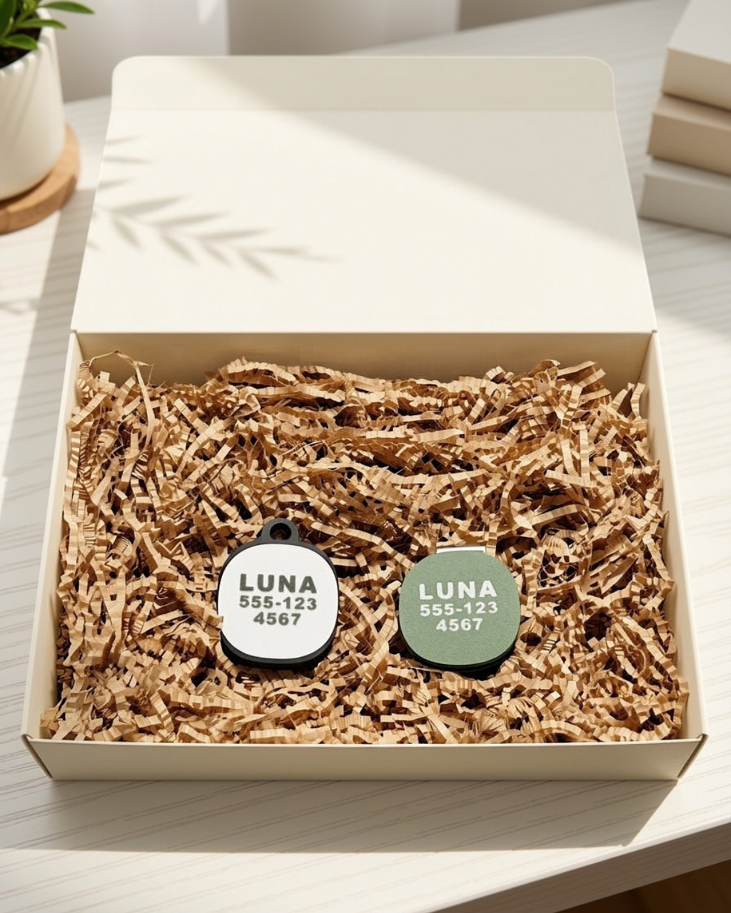 Two personalized AirTag collar holders in white and olive green, packed in kraft paper