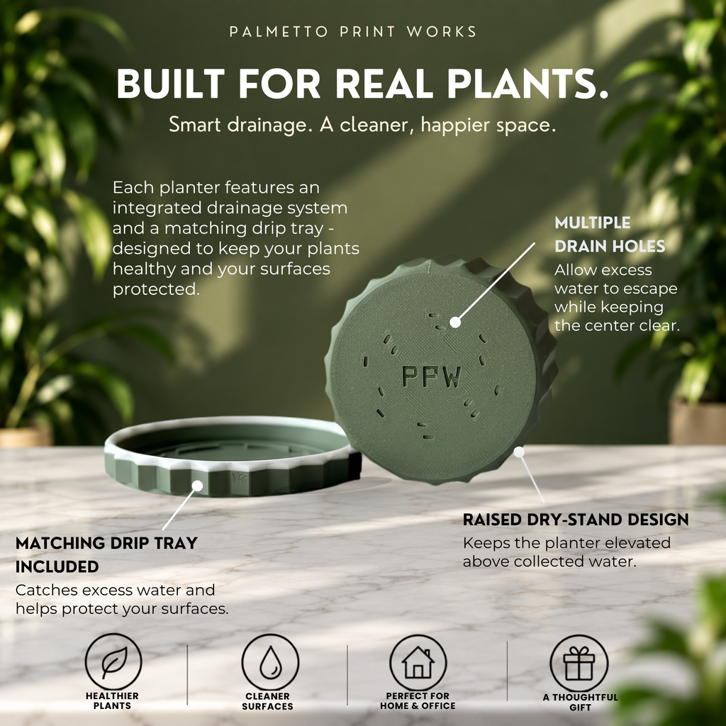 Planter with built-in drainage holes, matching drip tray and raised dry-stand design
