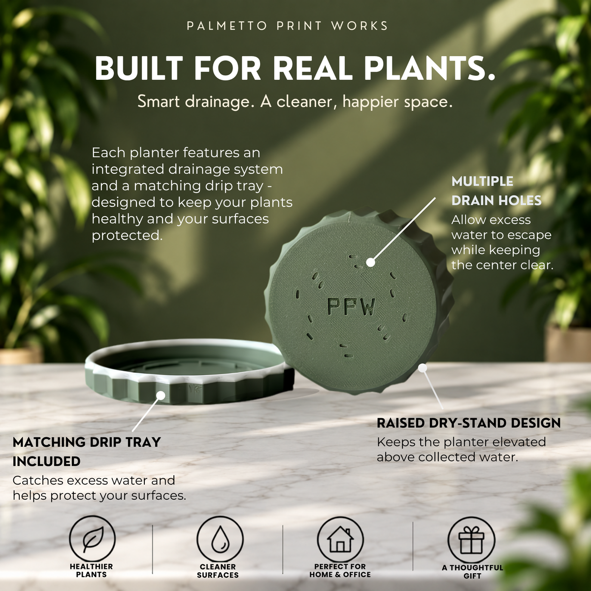 Planter with built-in drainage holes, matching drip tray and raised dry-stand design