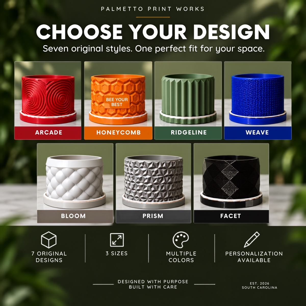 Seven planter designs: Arcade, Honeycomb, Ridgeline, Weave, Bloom, Prism and Facet
