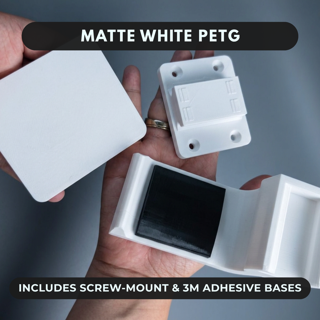 Matte white PETG headset caddy with screw-mount and 3M adhesive bases