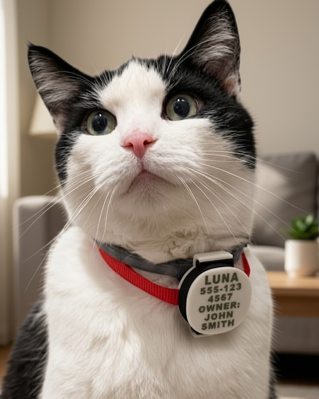 Cat wearing a personalized AirTag holder with name, phone and owner name on a red collar