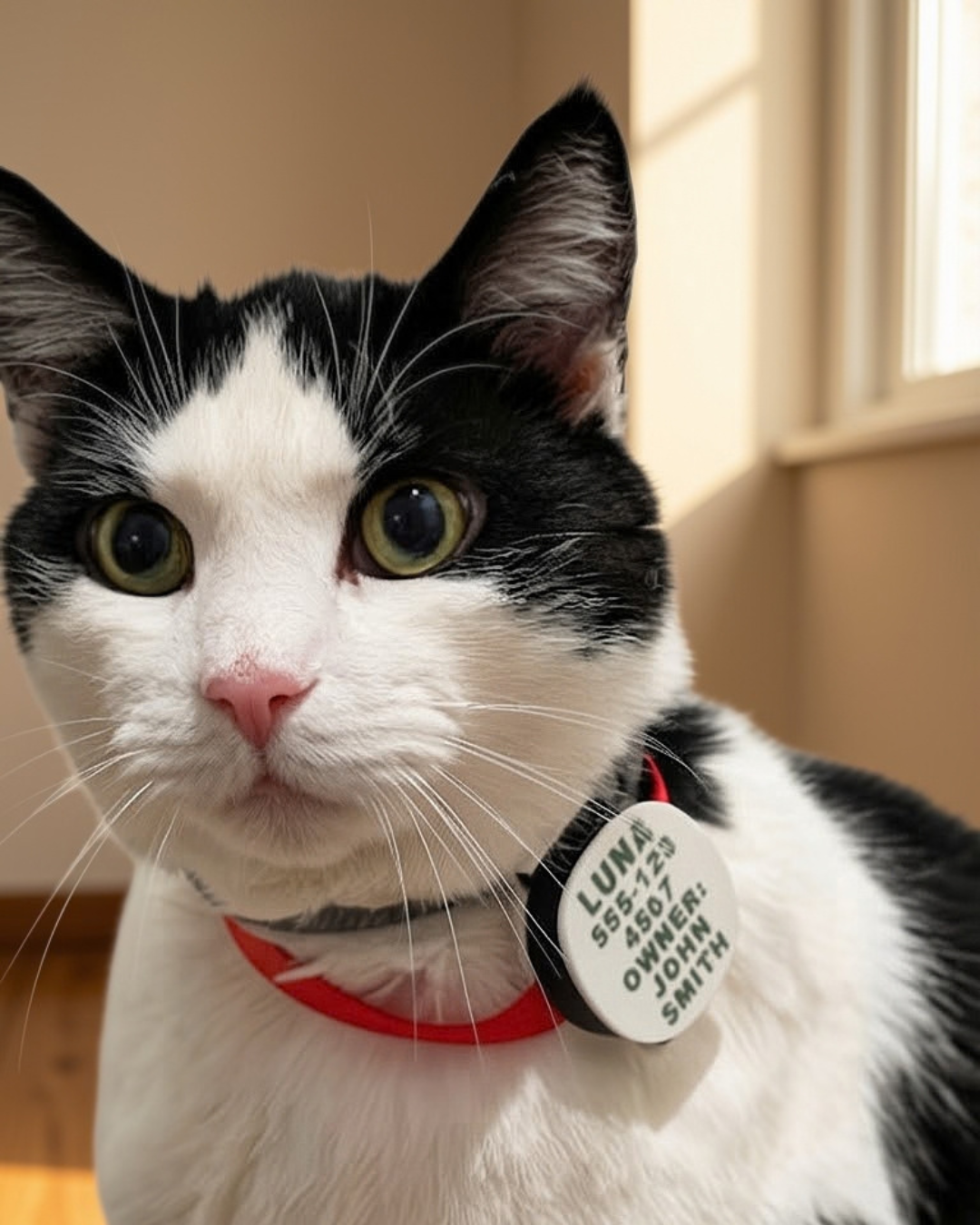 Close-up of a white personalized AirTag tag on a black-and-white cat's collar