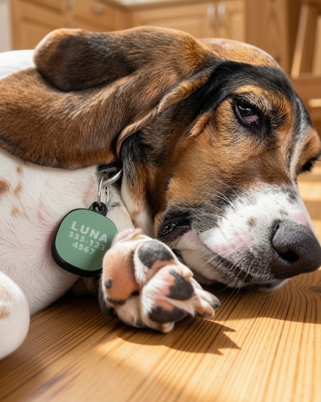 Basset hound resting with an olive green personalized AirTag holder on its collar