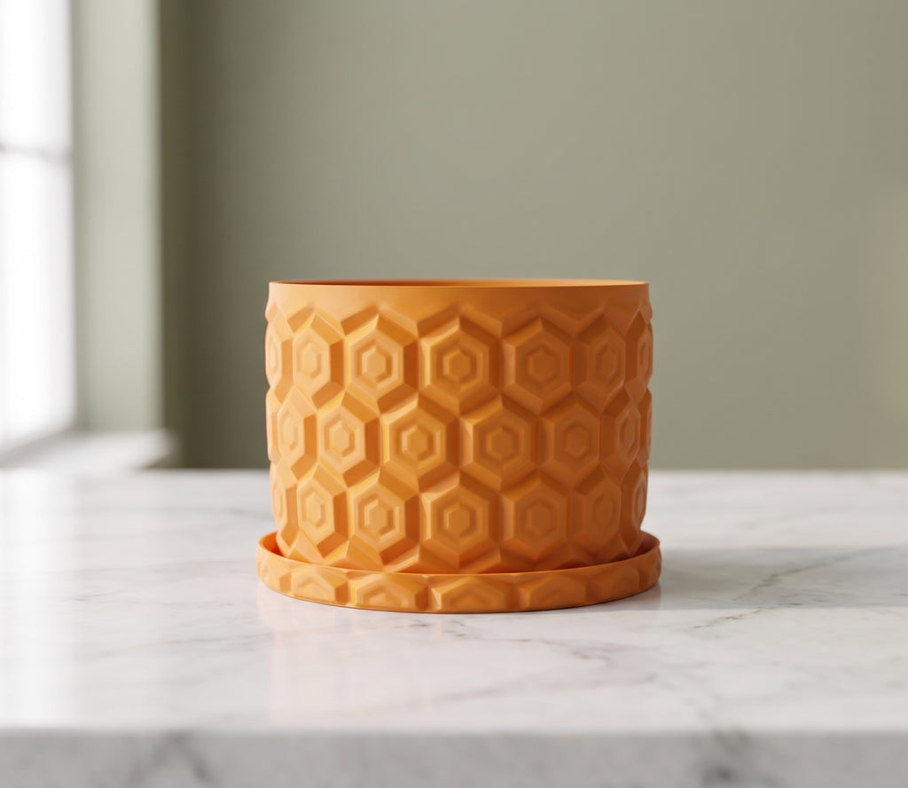 Sunny orange Honeycomb succulent planter with white accent rim drip tray