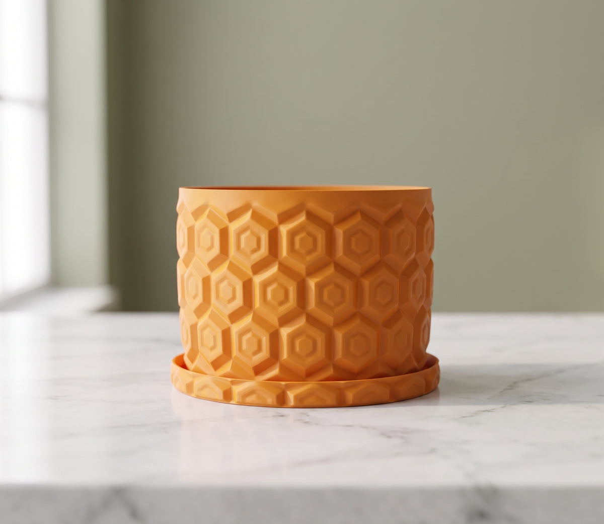 Sunny orange Honeycomb succulent planter with white accent rim drip tray