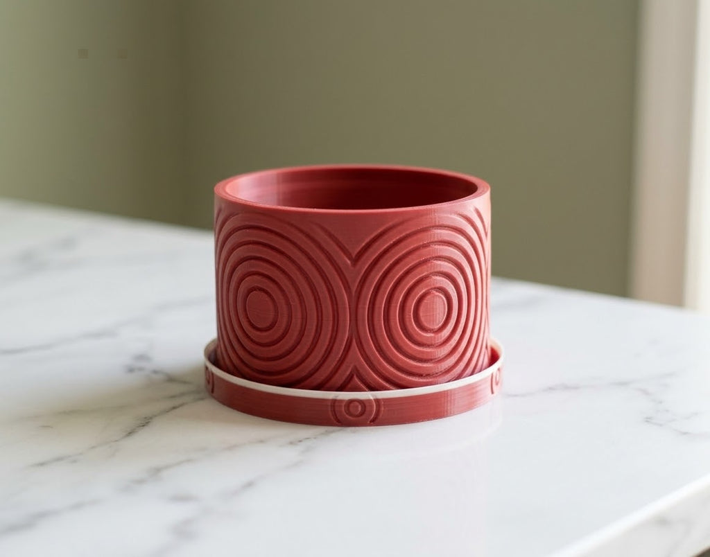 Matte red Arcade succulent planter on a drip tray with white accent rim