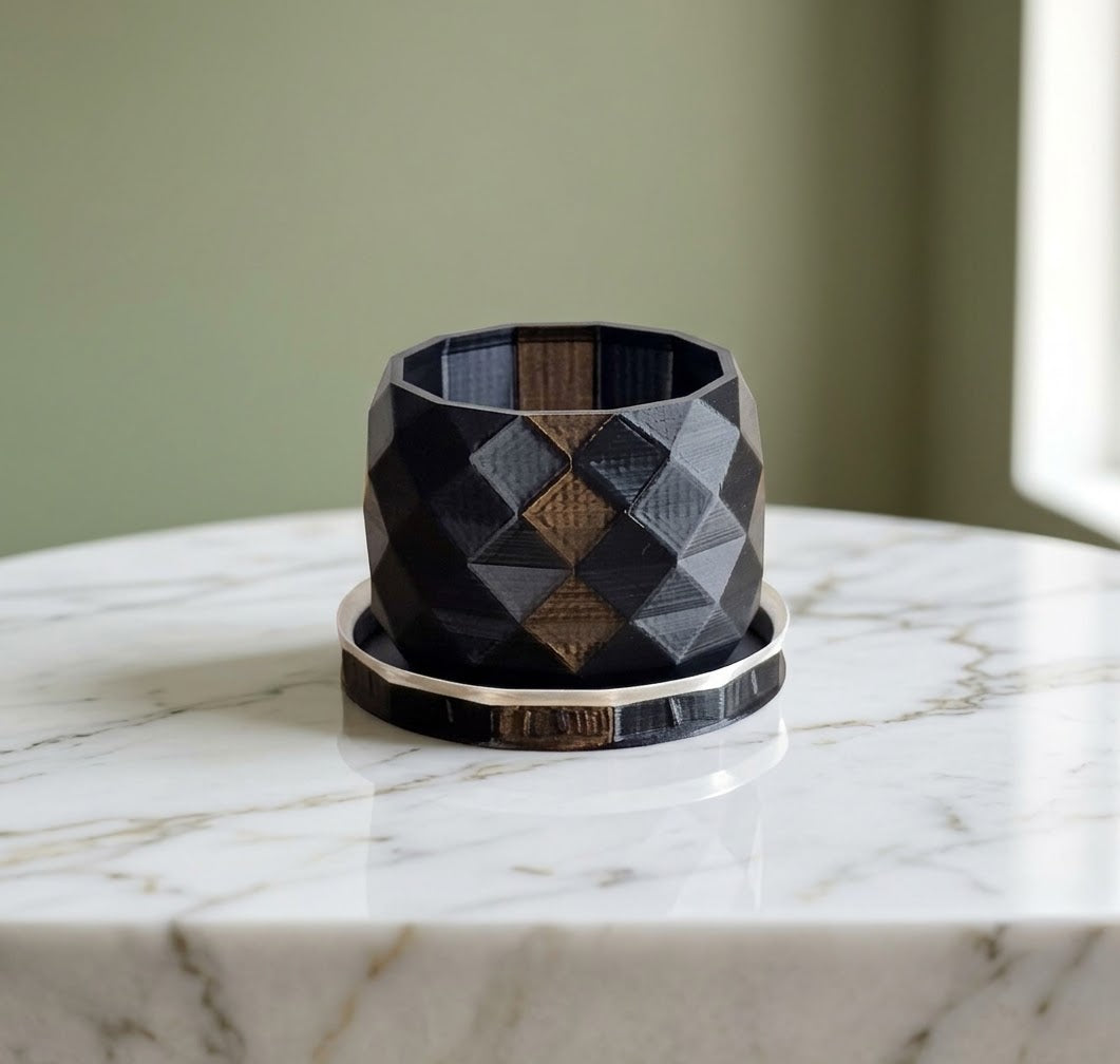 Black Facet succulent planter with white accent rim drip tray