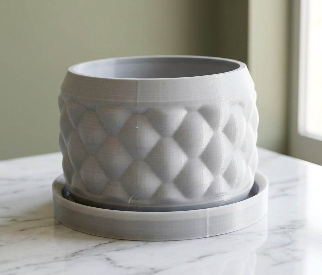 Light grey Bloom succulent planter with matching drip tray
