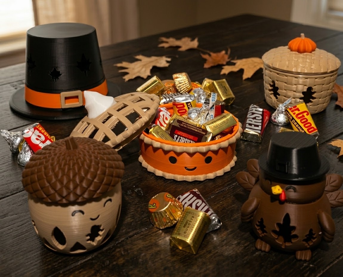 Thanksgiving candy holder set on a dark wood table with fall leaves and wrapped candy
