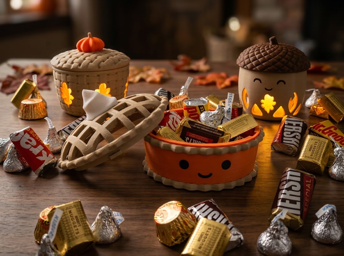 Pumpkin Basket, Pumpkin Pie and Acorn holders glowing with LED tea lights among wrapped chocolates
