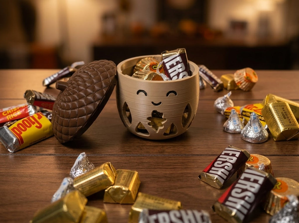 Acorn holder with lid off, filled with wrapped chocolates