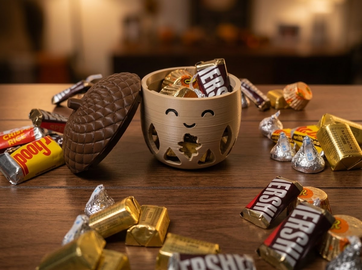 Acorn holder with lid off, filled with wrapped chocolates