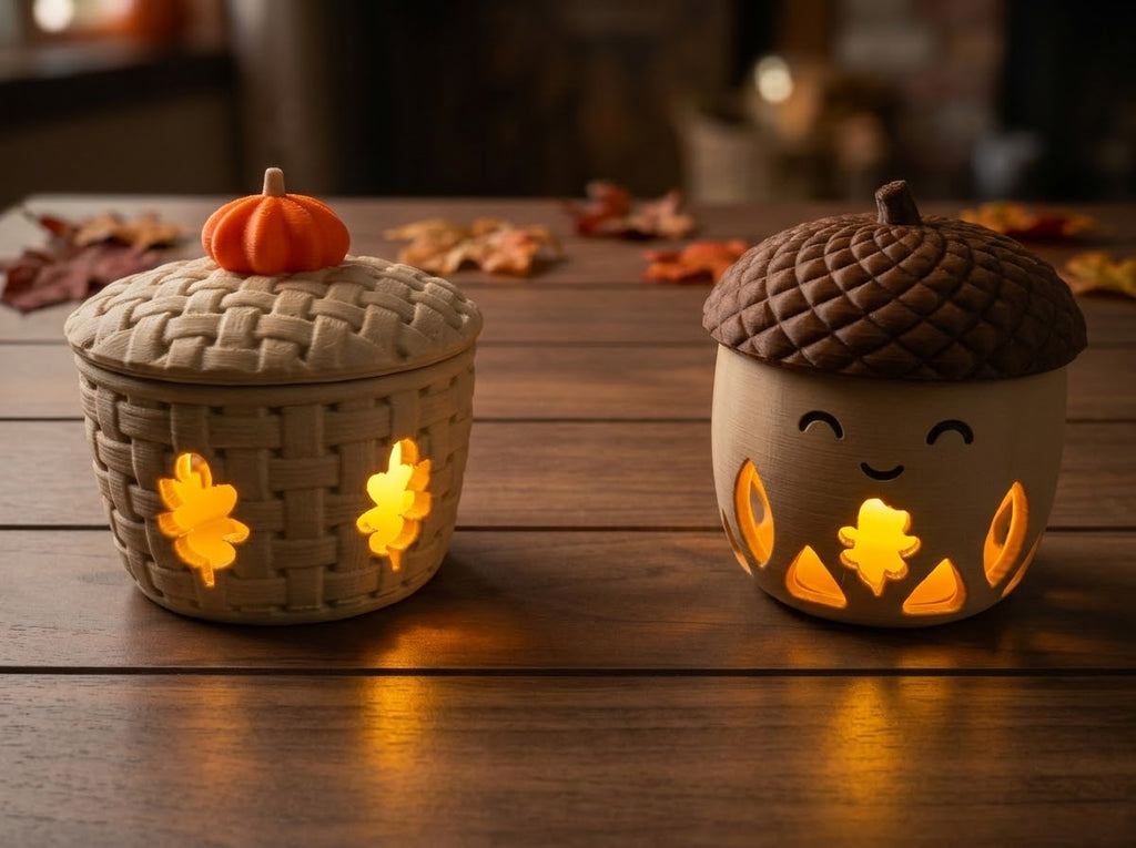 Pumpkin Basket and Acorn Thanksgiving holders lit with LED tea lights