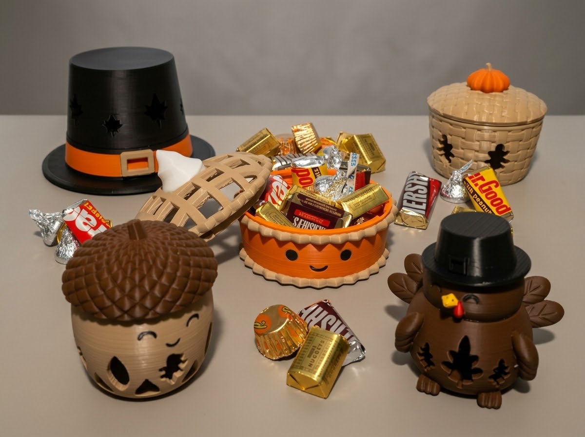 Five 3D printed Thanksgiving candy holders: Pilgrim Hat, Pumpkin Pie, Pumpkin Basket, Acorn and Turkey with wrapped candy