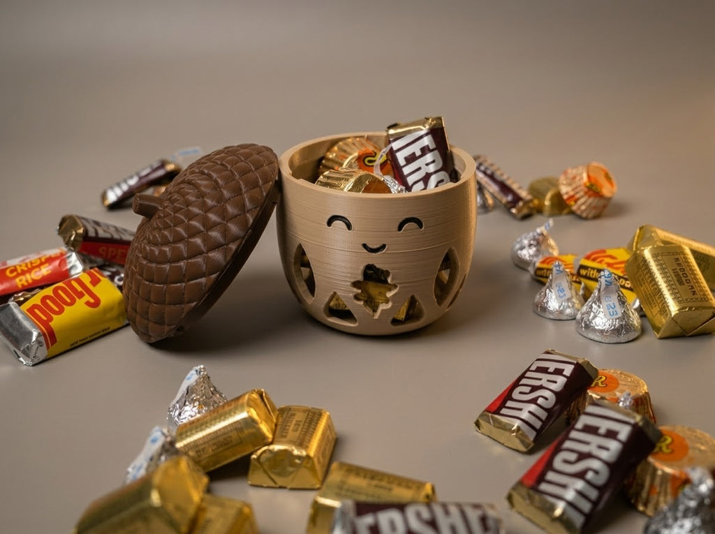 Acorn candy holder with wrapped chocolates