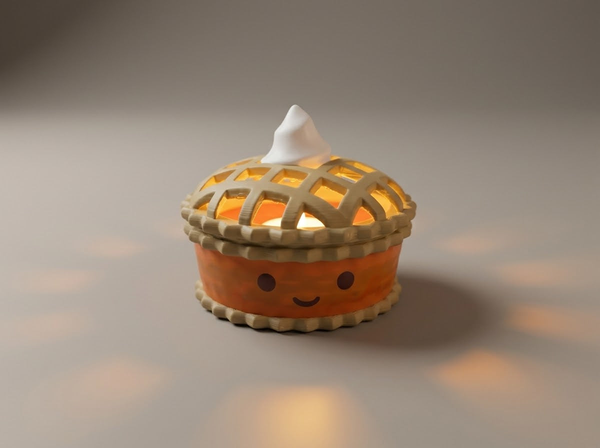Pumpkin Pie Thanksgiving holder glowing with an LED tea light