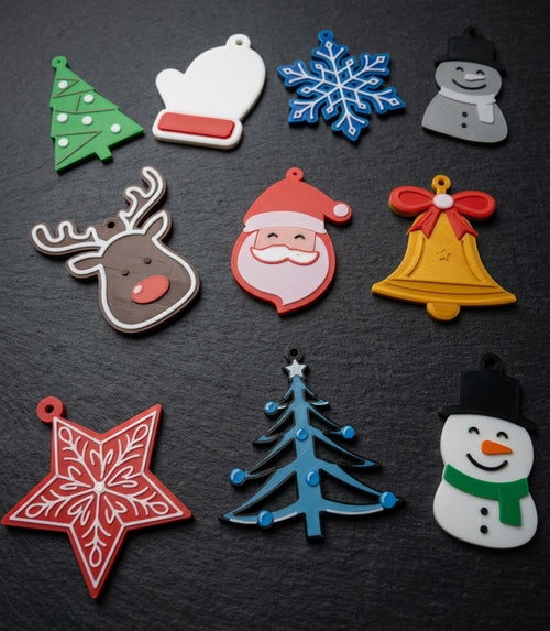 Holiday Classics Set of ten 3D printed ornaments: trees, mitten, snowflake, snowmen, reindeer, Santa, bell and star