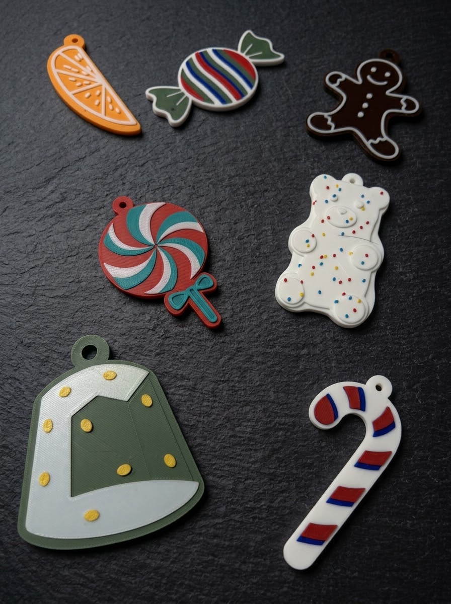 Sweet Treats Set of 7 ornaments: orange slice, candy wrapper, gingerbread man, lollipop, gummy bear, gumdrop, candy cane