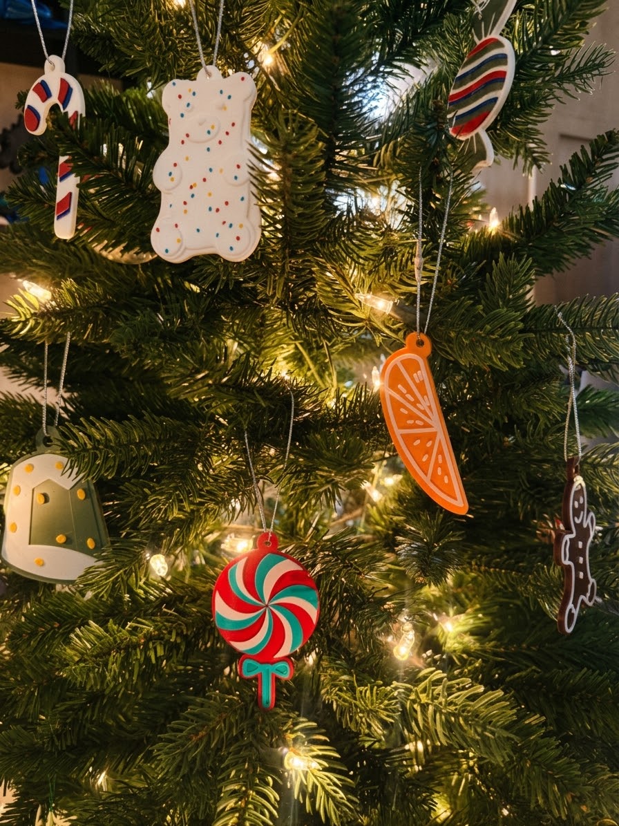 Sweet Treats candy ornaments hanging on a lit Christmas tree