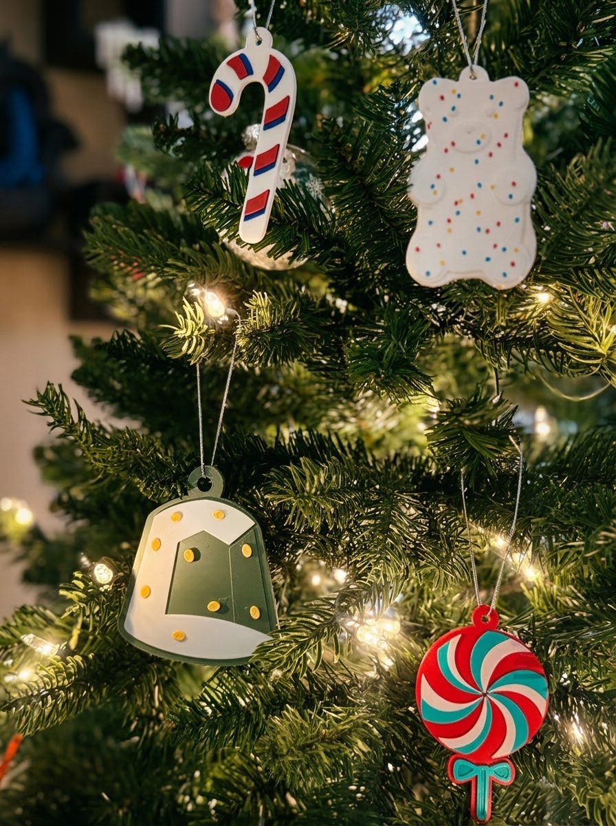 Candy cane, gummy bear, gumdrop and swirl lollipop ornaments on a Christmas tree