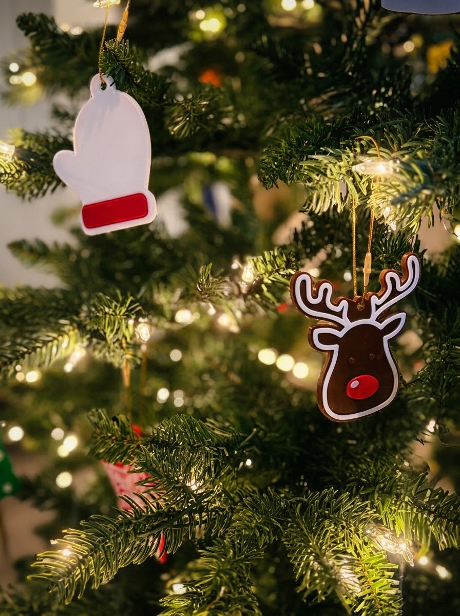 Mitten and red nose reindeer ornaments on a Christmas tree