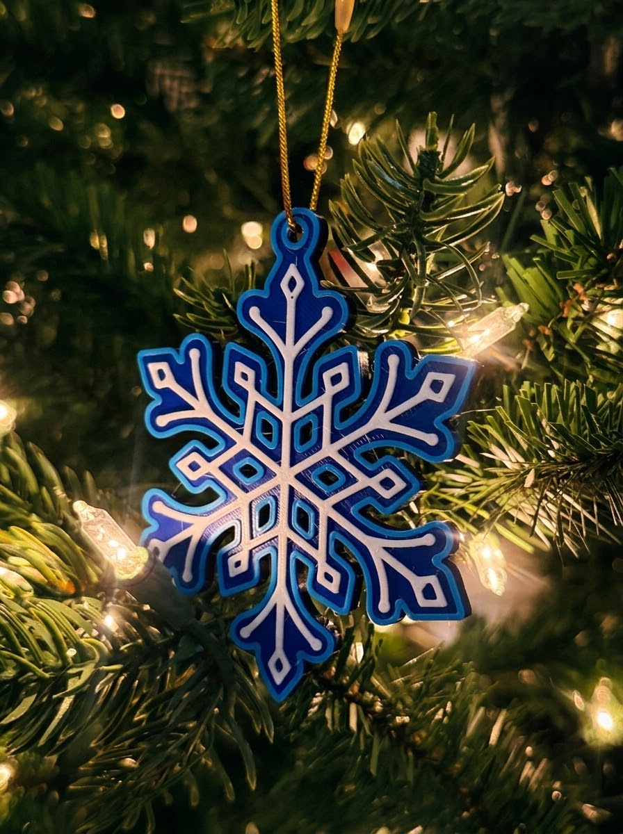 Blue and white snowflake ornament on a Christmas tree