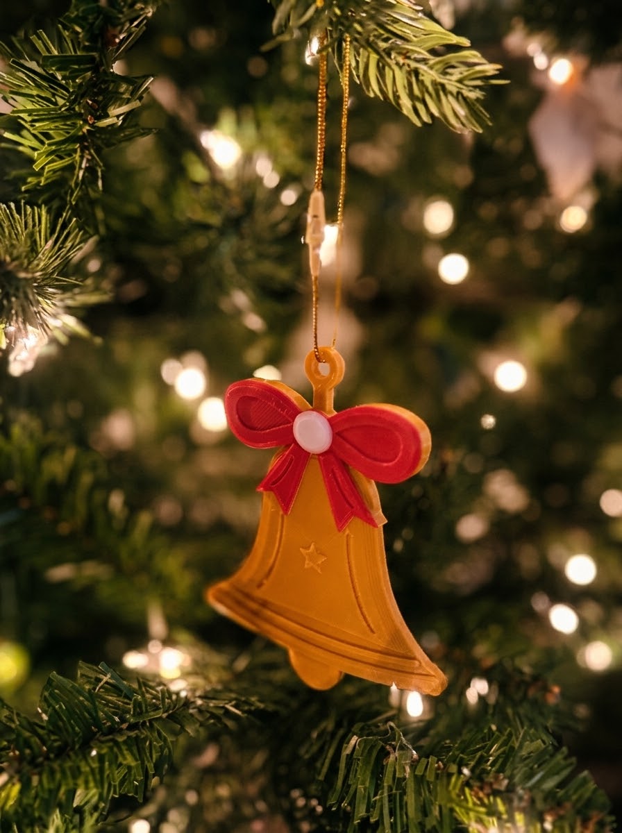 Gold bell ornament with red bow on a Christmas tree