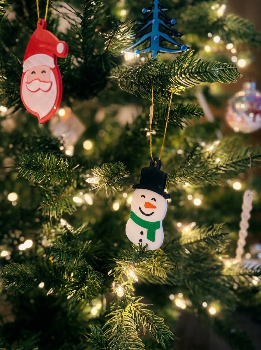 Santa face and snowman ornaments on a Christmas tree