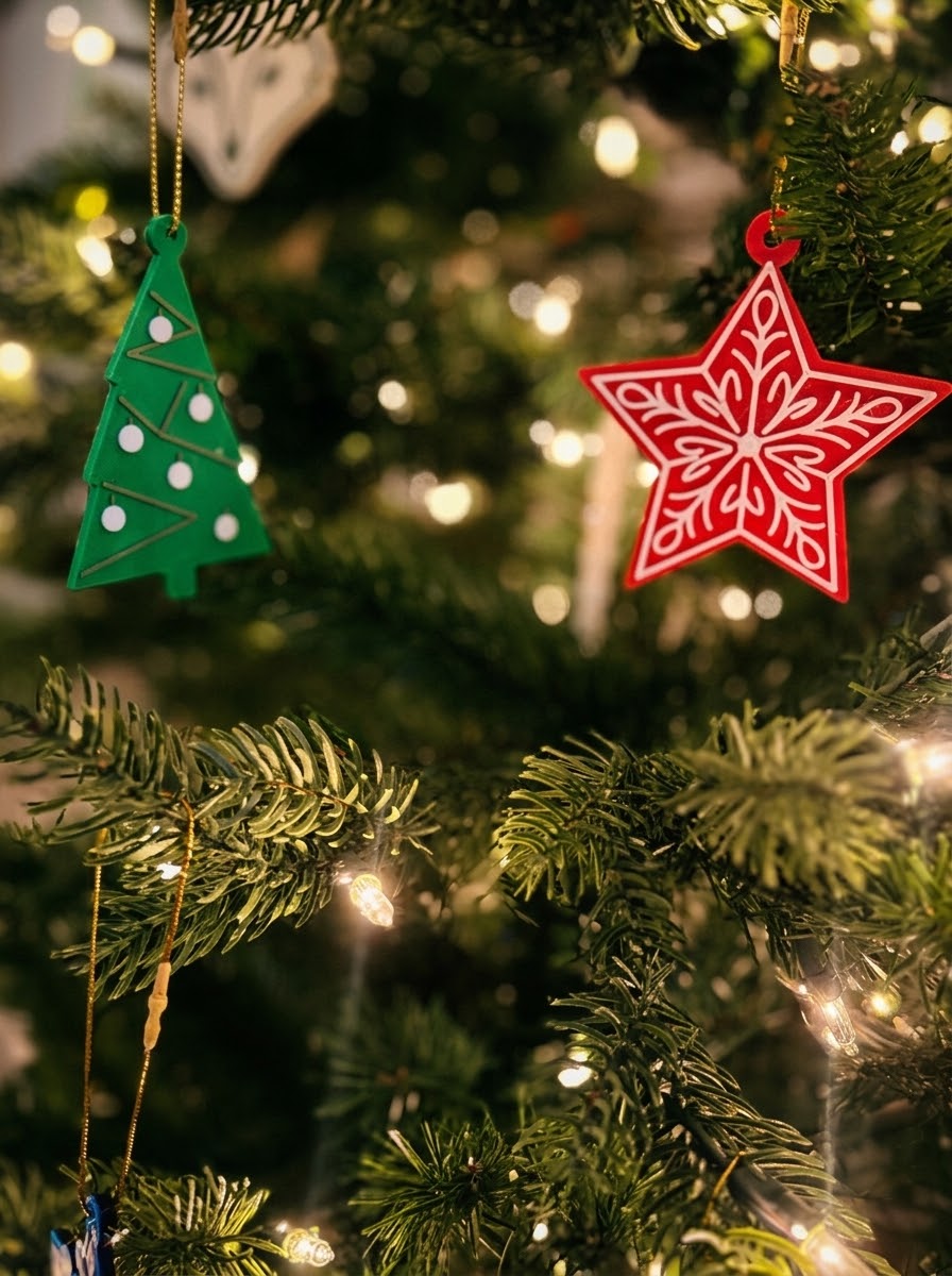 Green Christmas tree and red filigree star ornaments