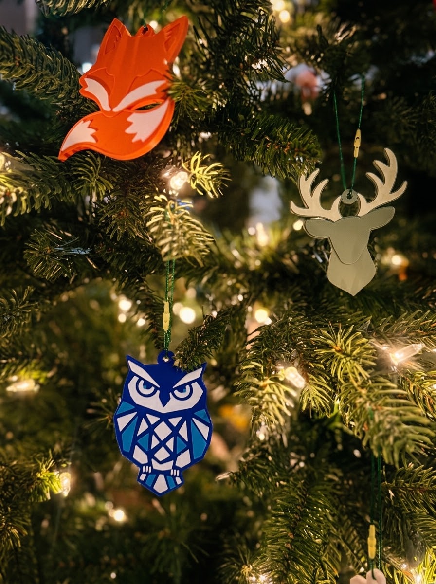 Orange fox, deer head and owl ornaments on a Christmas tree