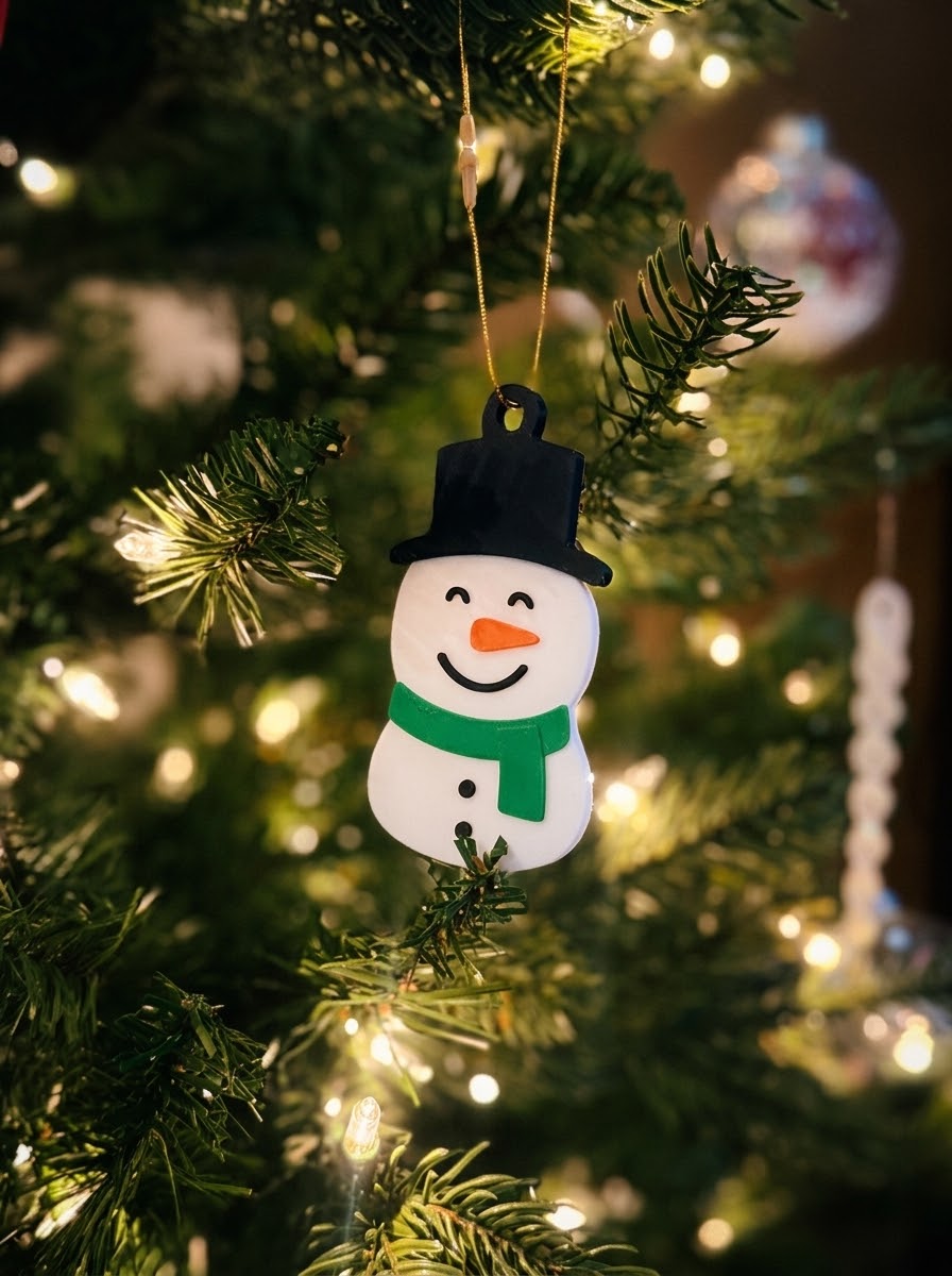 Snowman ornament with top hat and green scarf