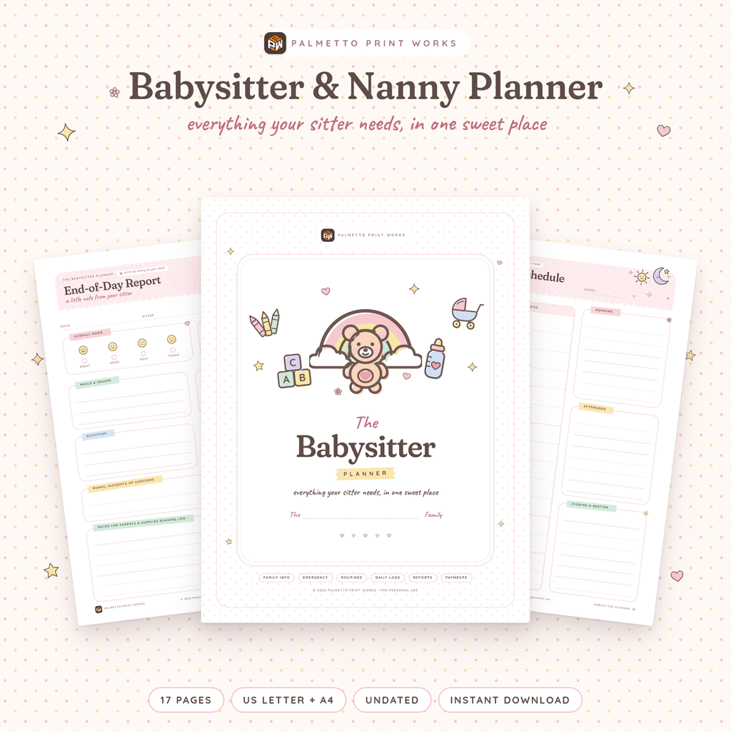 Printable Babysitter & Nanny Planner cover in blush pink pastel with teddy bear, rainbow and baby doodles, by Palmetto Print Works