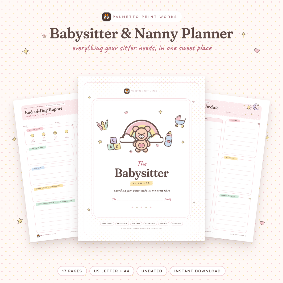 Printable Babysitter & Nanny Planner cover in blush pink pastel with teddy bear, rainbow and baby doodles, by Palmetto Print Works