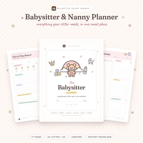 Printable Babysitter & Nanny Planner cover in blush pink pastel with teddy bear, rainbow and baby doodles, by Palmetto Print Works