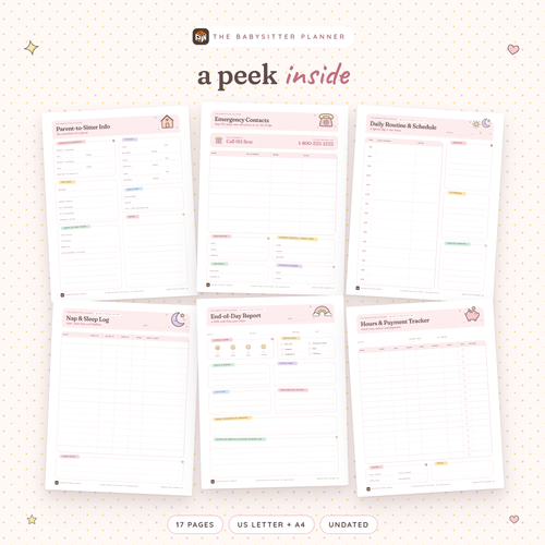 Inside the Babysitter Planner: Parent-to-Sitter Info, Emergency Contacts, Daily Routine & Schedule, Nap & Sleep Log, End-of-Day Report and Hours & Payment Tracker pages