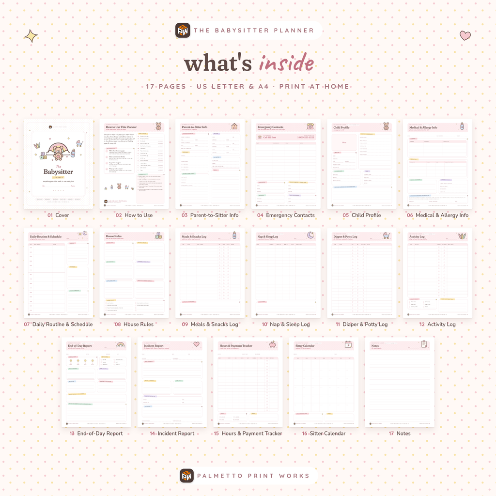 What's inside the Babysitter & Nanny Planner: all 17 printable pages, US Letter and A4 PDF