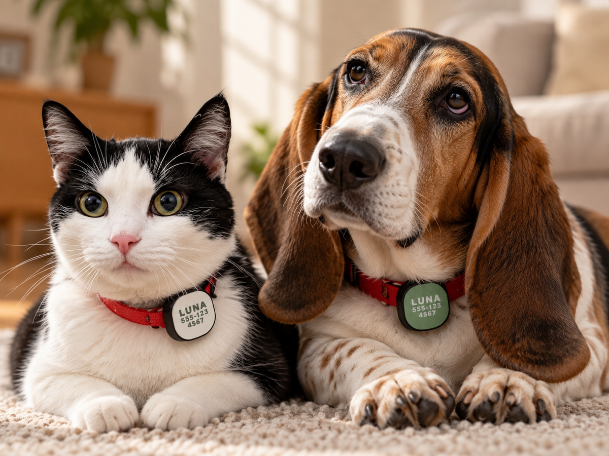 Black-and-white cat and basset hound wearing personalized AirTag holders on red collars
